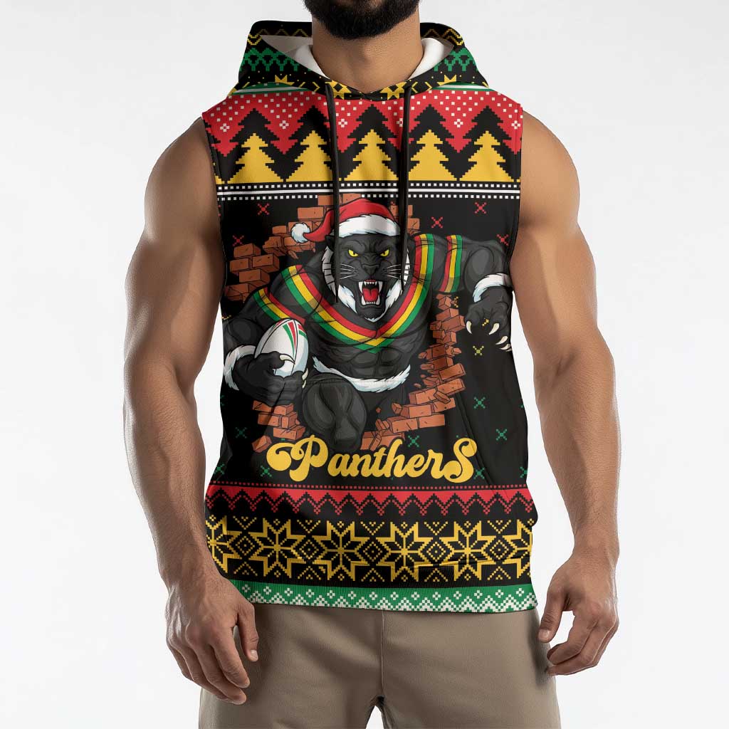 Merry Panther Roar Personalized Sleeveless Hoodie Christmas Rugby League Spirit - Aussie Hoodie