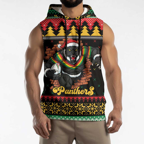 Merry Panther Roar Personalized Sleeveless Hoodie Christmas Rugby League Spirit - Aussie Hoodie