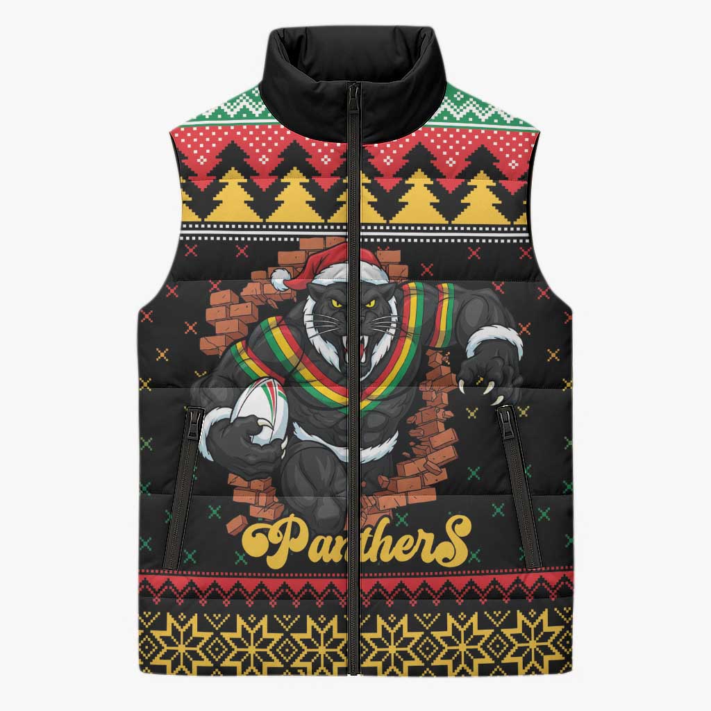 Merry Panther Roar Personalized Sleeveless Puffer Jacket Christmas Rugby League Spirit - Aussie Hoodie