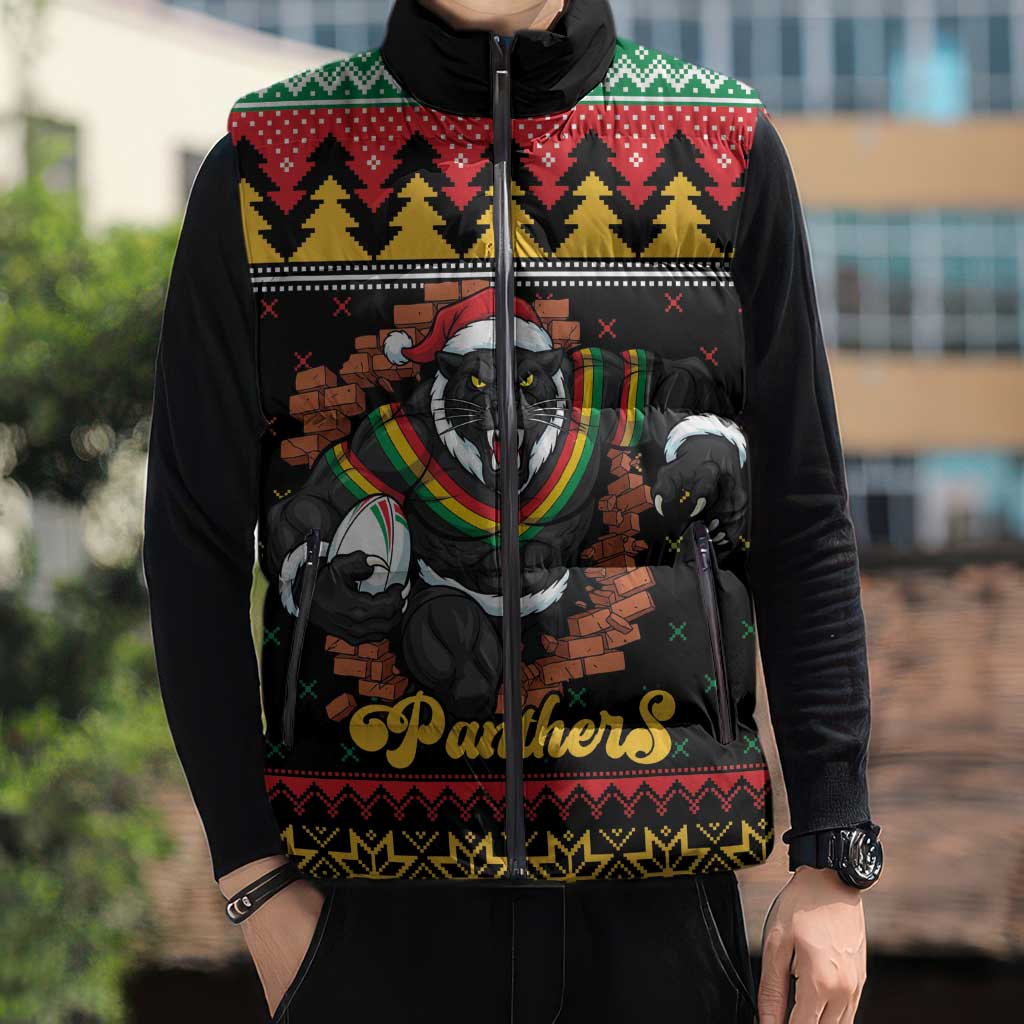 Merry Panther Roar Personalized Sleeveless Puffer Jacket Christmas Rugby League Spirit - Aussie Hoodie