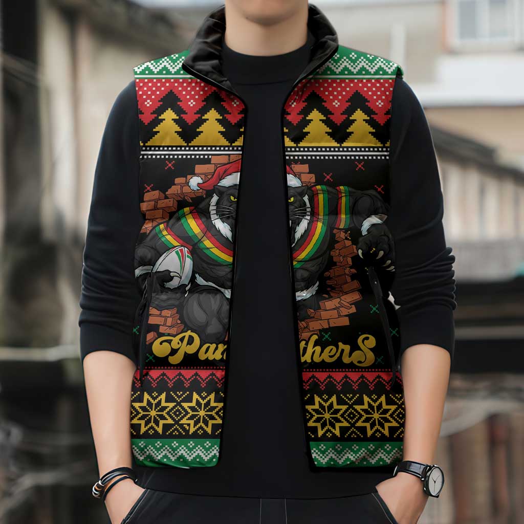Merry Panther Roar Personalized Sleeveless Puffer Jacket Christmas Rugby League Spirit - Aussie Hoodie