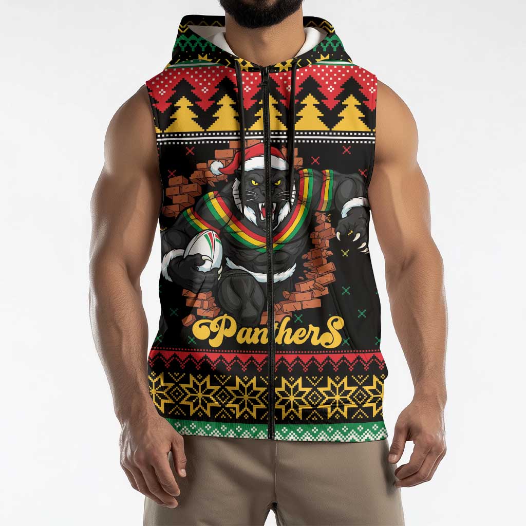Merry Panther Roar Personalized Sleeveless Zip Hoodie Christmas Rugby League Spirit LT9