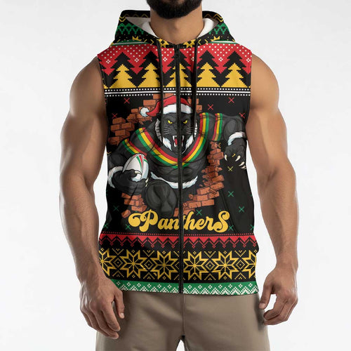 Merry Panther Roar Personalized Sleeveless Zip Hoodie Christmas Rugby League Spirit LT9
