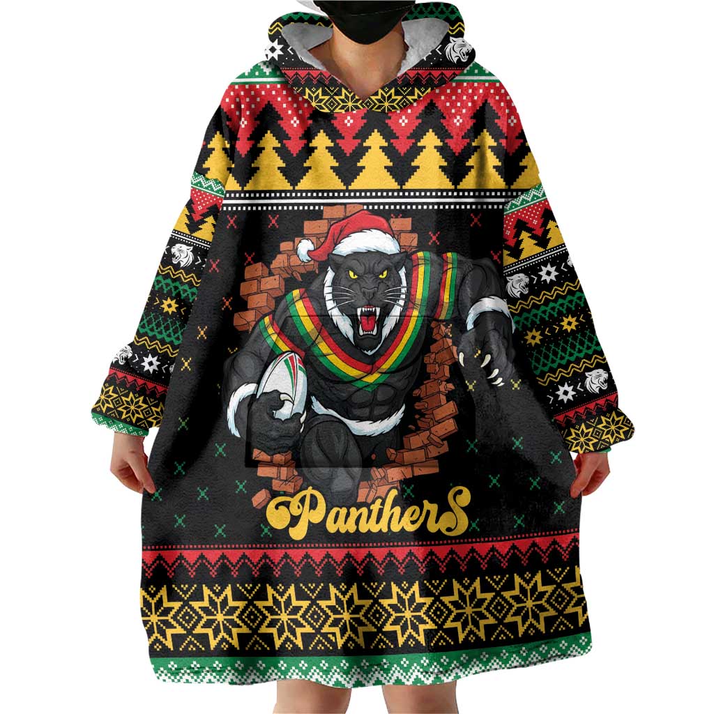 Merry Panther Roar Personalized Wearable Blanket Hoodie Christmas Rugby League Spirit - Aussie Hoodie