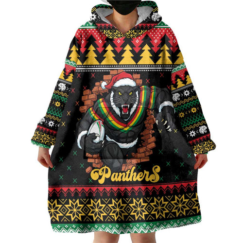 Merry Panther Roar Personalized Wearable Blanket Hoodie Christmas Rugby League Spirit - Aussie Hoodie