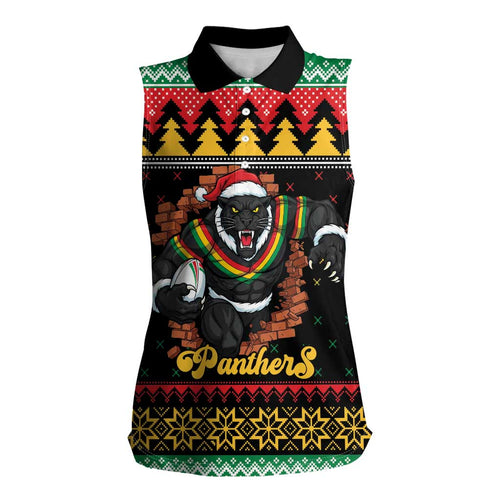 Merry Panther Roar Personalized Women Sleeveless Polo Shirt Christmas Rugby League Spirit - Aussie Hoodie