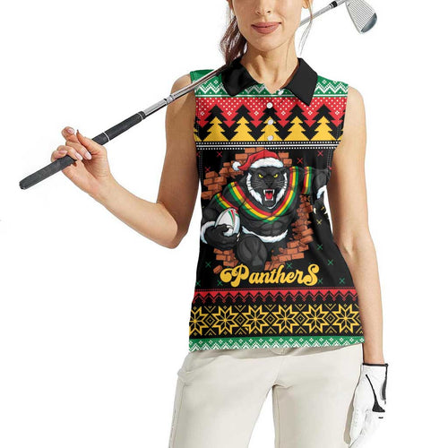 Merry Panther Roar Personalized Women Sleeveless Polo Shirt Christmas Rugby League Spirit - Aussie Hoodie