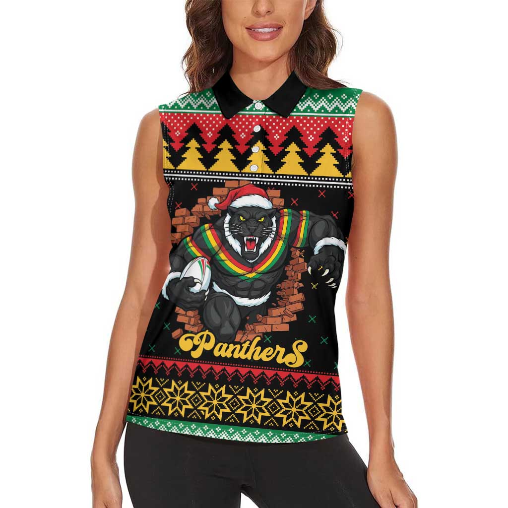 Merry Panther Roar Personalized Women Sleeveless Polo Shirt Christmas Rugby League Spirit - Aussie Hoodie
