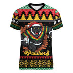Merry Panther Roar Personalized Women V-Neck T-Shirt Christmas Rugby League Spirit - Aussie Hoodie