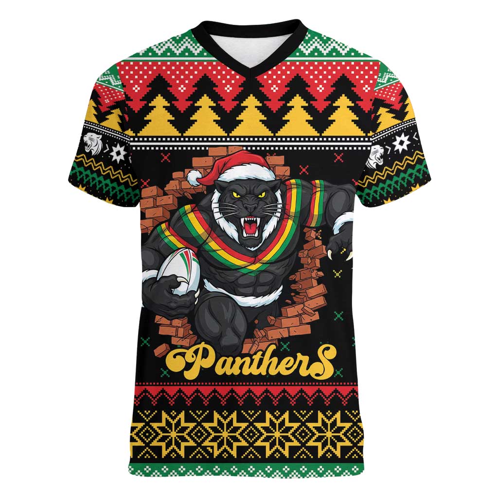 Merry Panther Roar Personalized Women V-Neck T-Shirt Christmas Rugby League Spirit - Aussie Hoodie