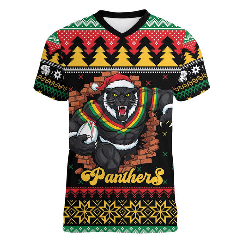 Merry Panther Roar Personalized Women V-Neck T-Shirt Christmas Rugby League Spirit - Aussie Hoodie