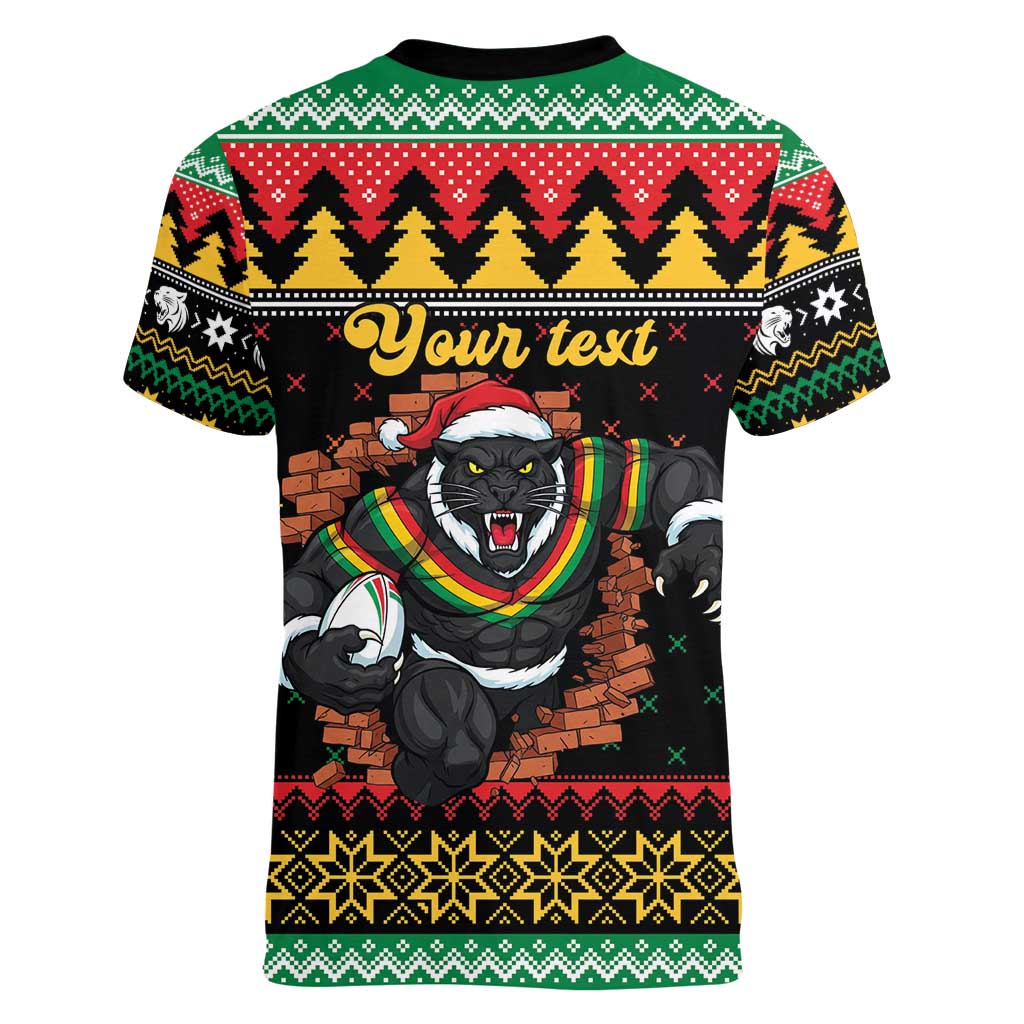 Merry Panther Roar Personalized Women V-Neck T-Shirt Christmas Rugby League Spirit - Aussie Hoodie