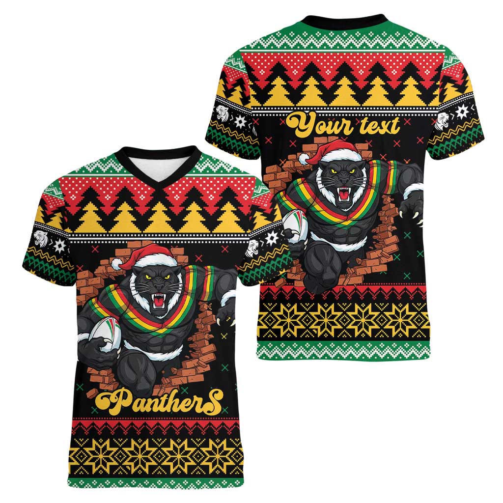 Merry Panther Roar Personalized Women V-Neck T-Shirt Christmas Rugby League Spirit - Aussie Hoodie