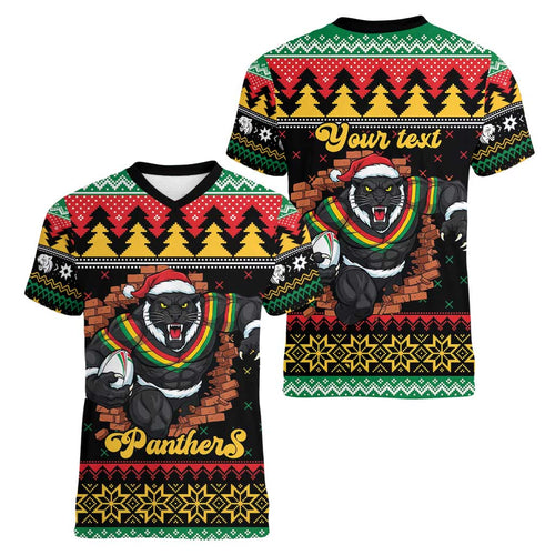 Merry Panther Roar Personalized Women V-Neck T-Shirt Christmas Rugby League Spirit - Aussie Hoodie