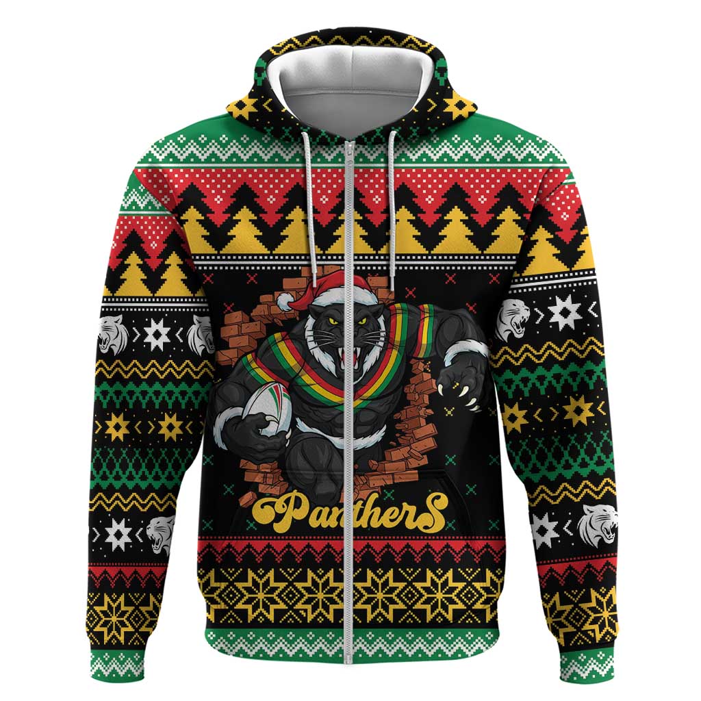 Merry Panther Roar Personalized Zip Hoodie Christmas Rugby League Spirit - Aussie Hoodie