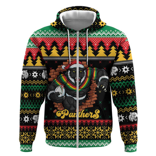 Merry Panther Roar Personalized Zip Hoodie Christmas Rugby League Spirit - Aussie Hoodie