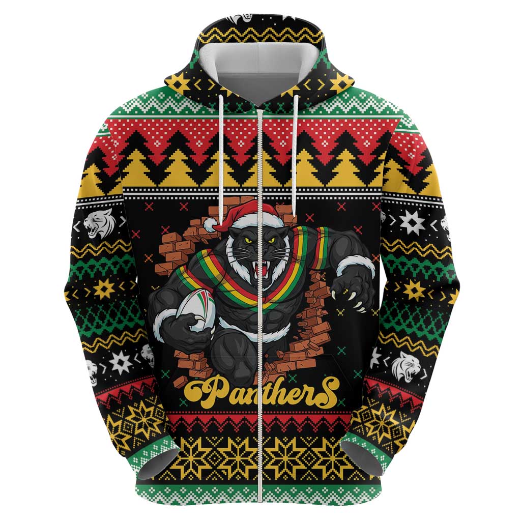 Merry Panther Roar Personalized Zip Hoodie Christmas Rugby League Spirit - Aussie Hoodie