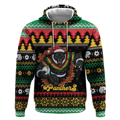 Merry Panther Roar Personalized Zip Hoodie Christmas Rugby League Spirit - Aussie Hoodie