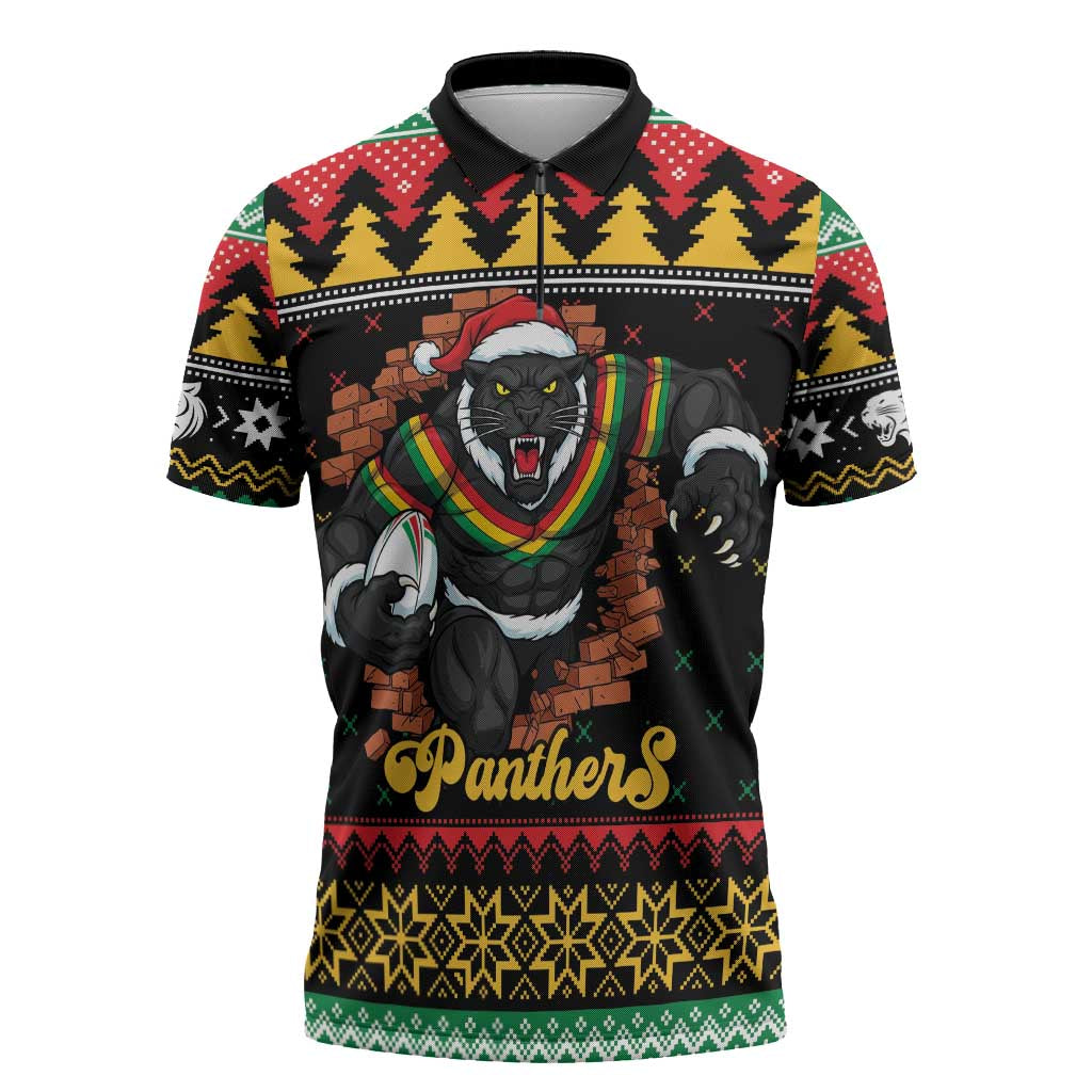 Merry Panther Roar Personalized Zipper Polo Shirt Christmas Rugby League Spirit - Aussie Hoodie