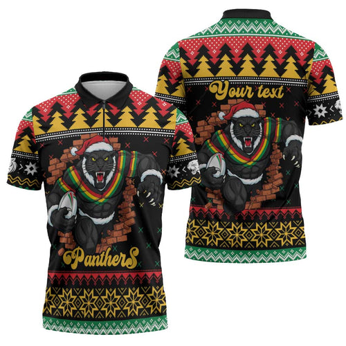 Merry Panther Roar Personalized Zipper Polo Shirt Christmas Rugby League Spirit - Aussie Hoodie