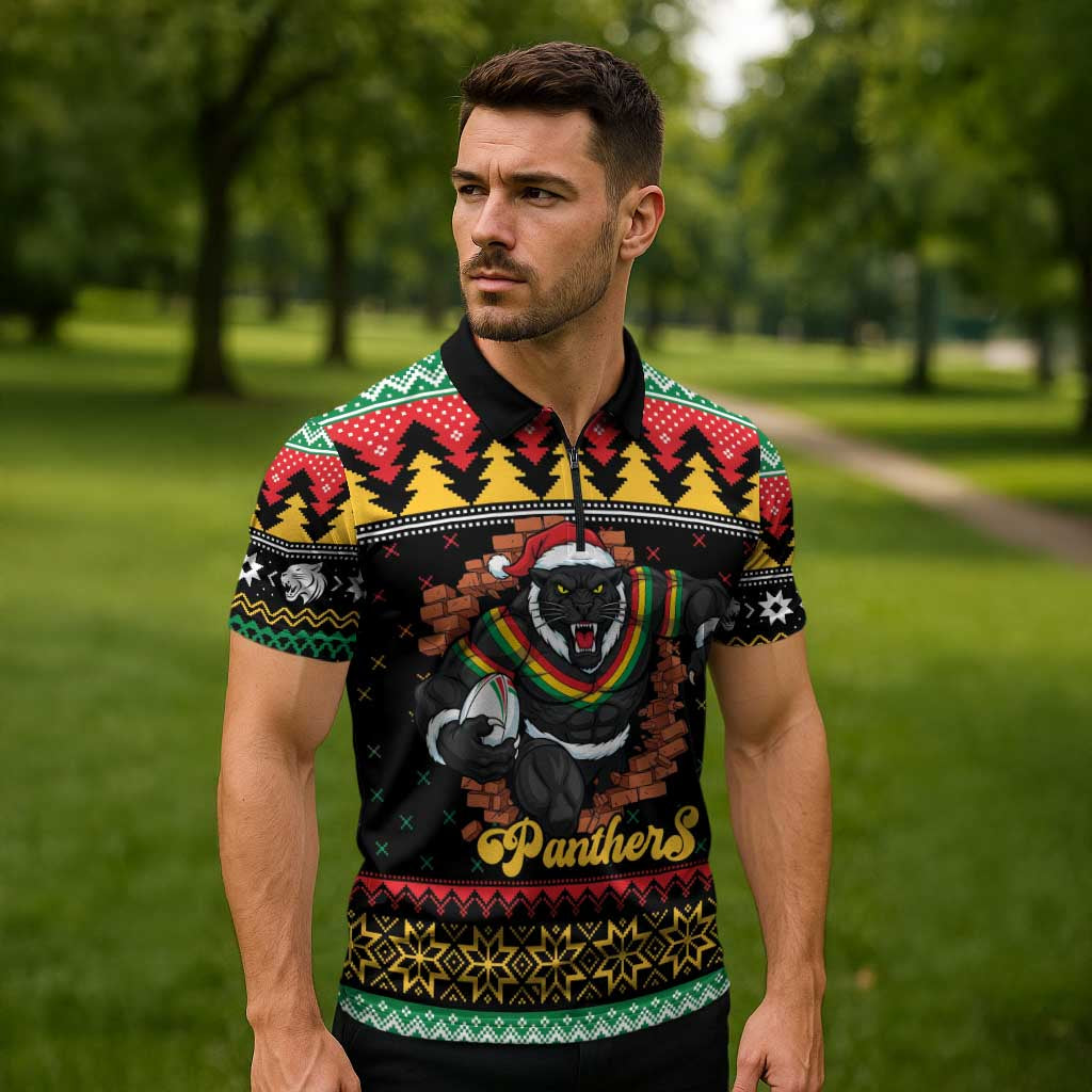 Merry Panther Roar Personalized Zipper Polo Shirt Christmas Rugby League Spirit - Aussie Hoodie