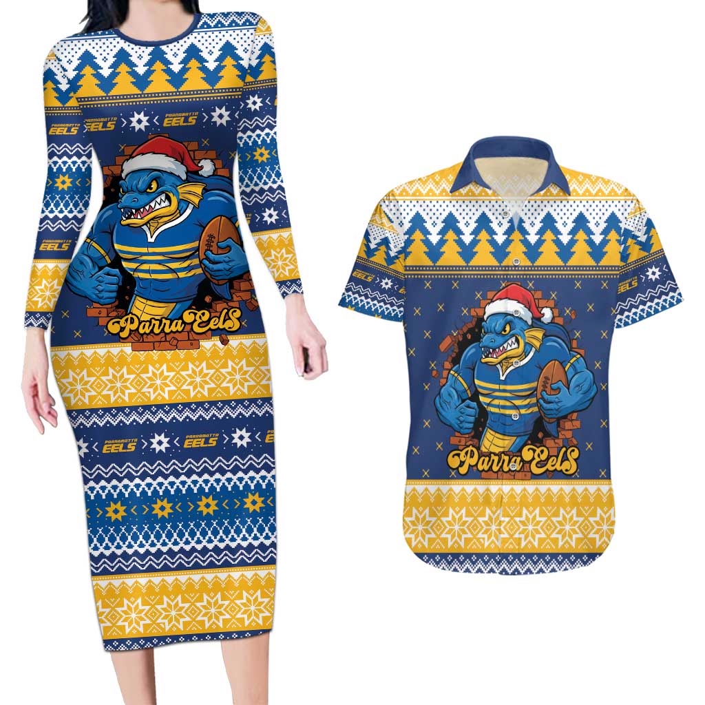 Parramatta Angry Eels Personalized Couples Matching Long Sleeve Bodycon Dress and Hawaiian Shirt Christmas Rugby League Spirit - Aussie Hoodie