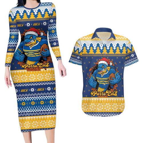 Parramatta Angry Eels Personalized Couples Matching Long Sleeve Bodycon Dress and Hawaiian Shirt Christmas Rugby League Spirit - Aussie Hoodie