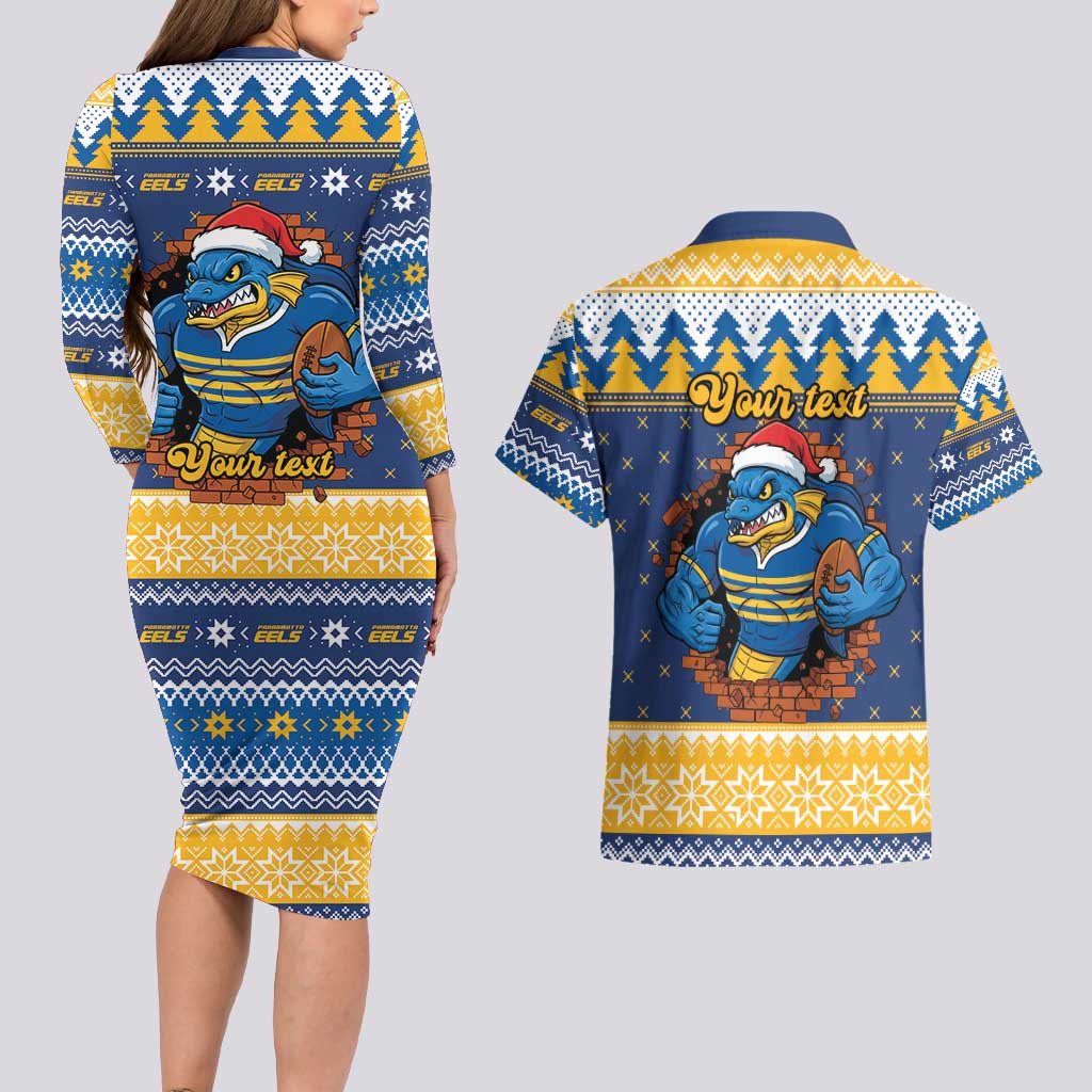 Parramatta Angry Eels Personalized Couples Matching Long Sleeve Bodycon Dress and Hawaiian Shirt Christmas Rugby League Spirit - Aussie Hoodie