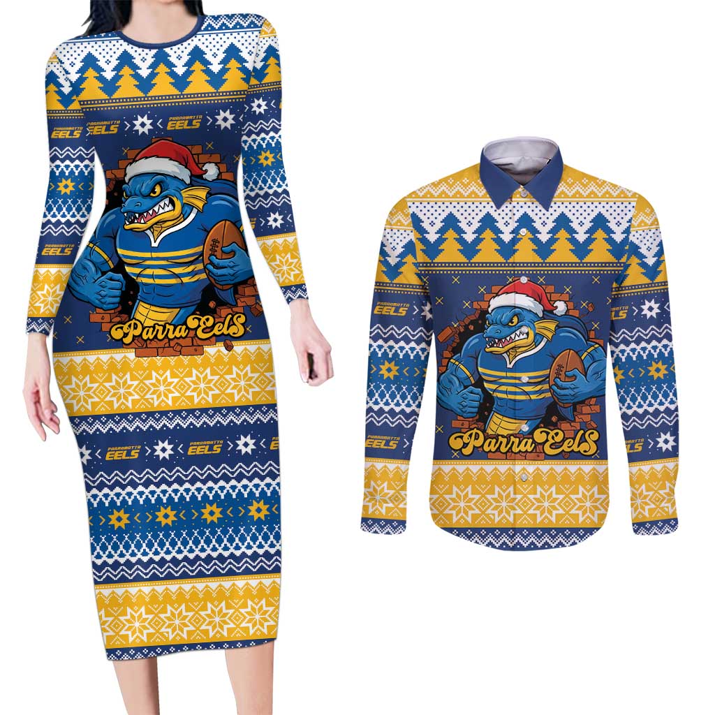 Parramatta Angry Eels Personalized Couples Matching Long Sleeve Bodycon Dress and Long Sleeve Button Shirt Christmas Rugby League Spirit - Aussie Hoodie