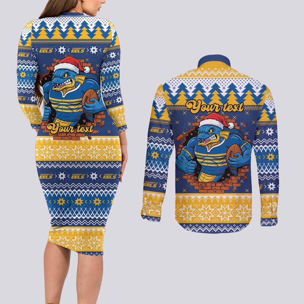 Parramatta Angry Eels Personalized Couples Matching Long Sleeve Bodycon Dress and Long Sleeve Button Shirt Christmas Rugby League Spirit - Aussie Hoodie