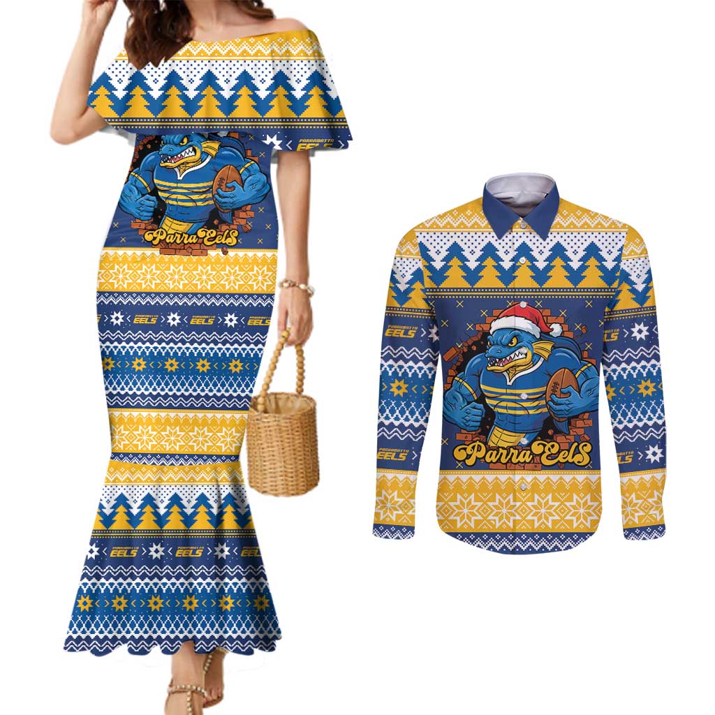 Parramatta Angry Eels Personalized Couples Matching Mermaid Dress and Long Sleeve Button Shirt Christmas Rugby League Spirit - Aussie Hoodie
