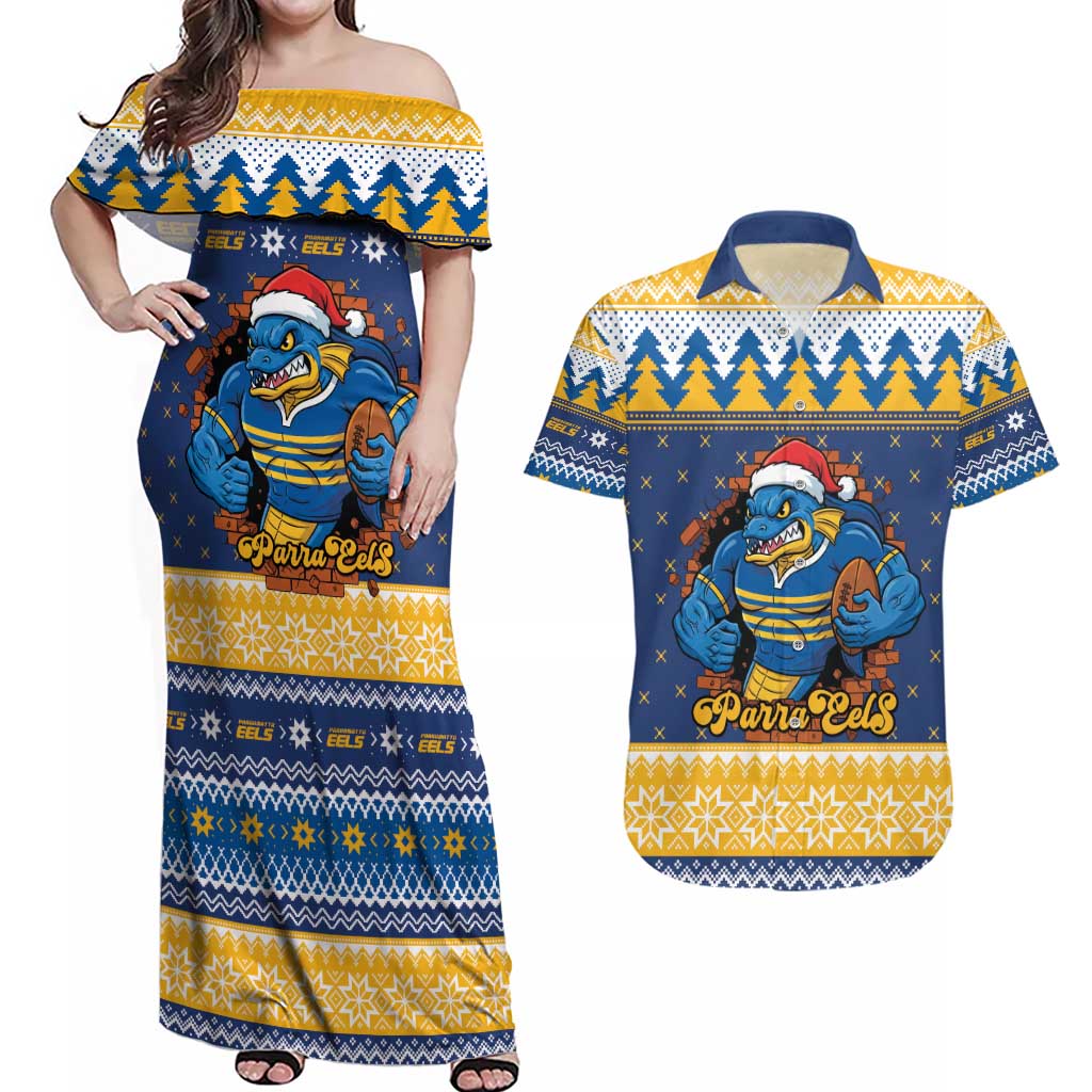 Parramatta Angry Eels Personalized Couples Matching Off Shoulder Maxi Dress and Hawaiian Shirt Christmas Rugby League Spirit - Aussie Hoodie