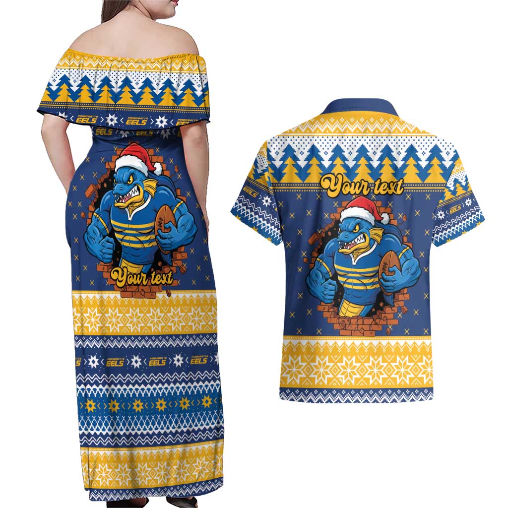 Parramatta Angry Eels Personalized Couples Matching Off Shoulder Maxi Dress and Hawaiian Shirt Christmas Rugby League Spirit - Aussie Hoodie