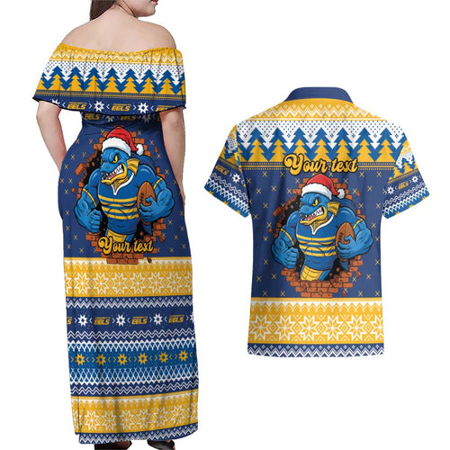 Parramatta Angry Eels Personalized Couples Matching Off Shoulder Maxi Dress and Hawaiian Shirt Christmas Rugby League Spirit - Aussie Hoodie