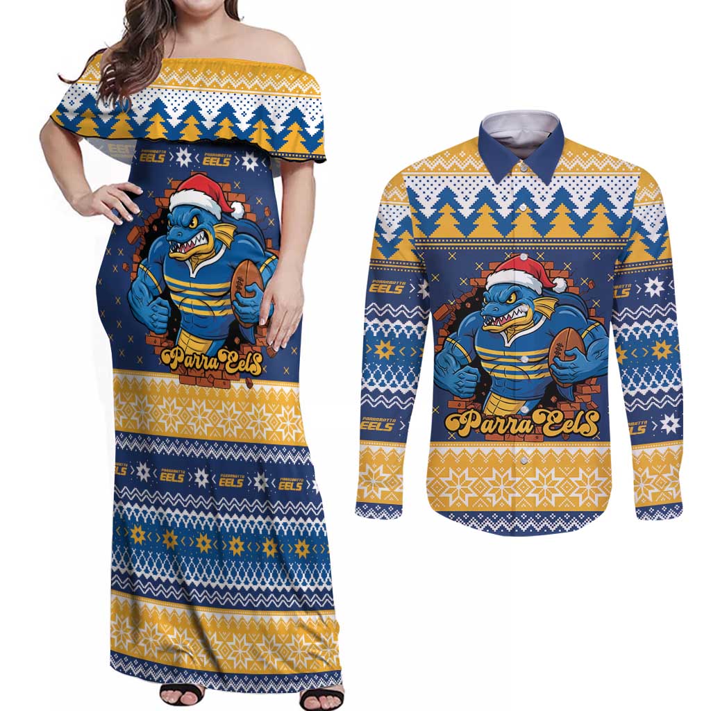 Parramatta Angry Eels Personalized Couples Matching Off Shoulder Maxi Dress and Long Sleeve Button Shirt Christmas Rugby League Spirit - Aussie Hoodie