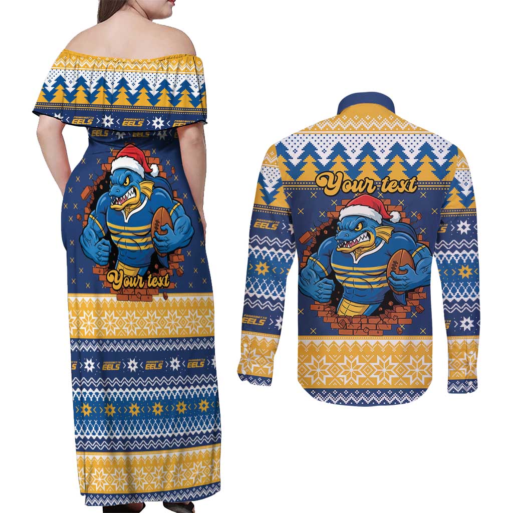 Parramatta Angry Eels Personalized Couples Matching Off Shoulder Maxi Dress and Long Sleeve Button Shirt Christmas Rugby League Spirit - Aussie Hoodie