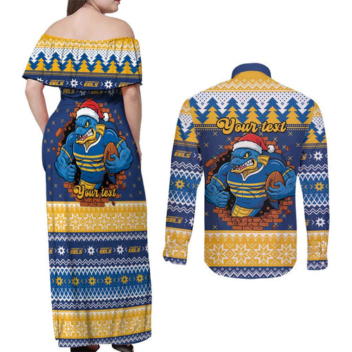 Parramatta Angry Eels Personalized Couples Matching Off Shoulder Maxi Dress and Long Sleeve Button Shirt Christmas Rugby League Spirit - Aussie Hoodie