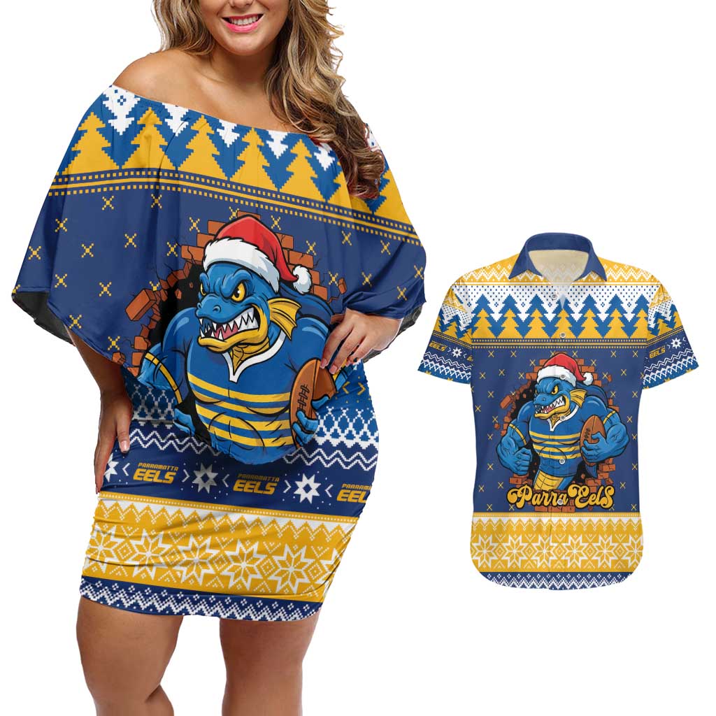 Parramatta Angry Eels Personalized Couples Matching Off Shoulder Short Dress and Hawaiian Shirt Christmas Rugby League Spirit - Aussie Hoodie