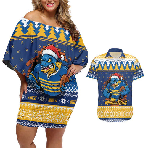 Parramatta Angry Eels Personalized Couples Matching Off Shoulder Short Dress and Hawaiian Shirt Christmas Rugby League Spirit - Aussie Hoodie
