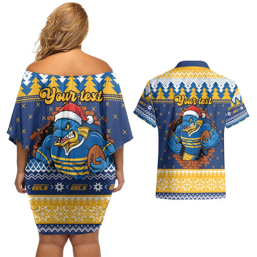 Parramatta Angry Eels Personalized Couples Matching Off Shoulder Short Dress and Hawaiian Shirt Christmas Rugby League Spirit - Aussie Hoodie