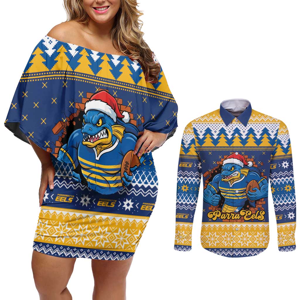 Parramatta Angry Eels Personalized Couples Matching Off Shoulder Short Dress and Long Sleeve Button Shirt Christmas Rugby League Spirit - Aussie Hoodie