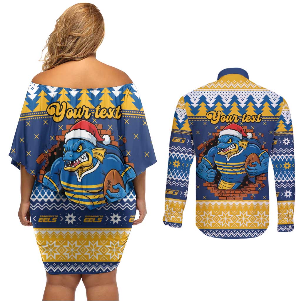 Parramatta Angry Eels Personalized Couples Matching Off Shoulder Short Dress and Long Sleeve Button Shirt Christmas Rugby League Spirit - Aussie Hoodie