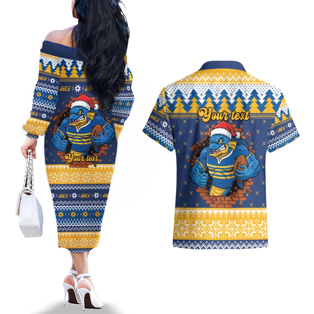 Parramatta Angry Eels Personalized Couples Matching Off The Shoulder Long Sleeve Dress and Hawaiian Shirt Christmas Rugby League Spirit - Aussie Hoodie