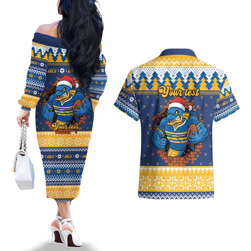 Parramatta Angry Eels Personalized Couples Matching Off The Shoulder Long Sleeve Dress and Hawaiian Shirt Christmas Rugby League Spirit - Aussie Hoodie