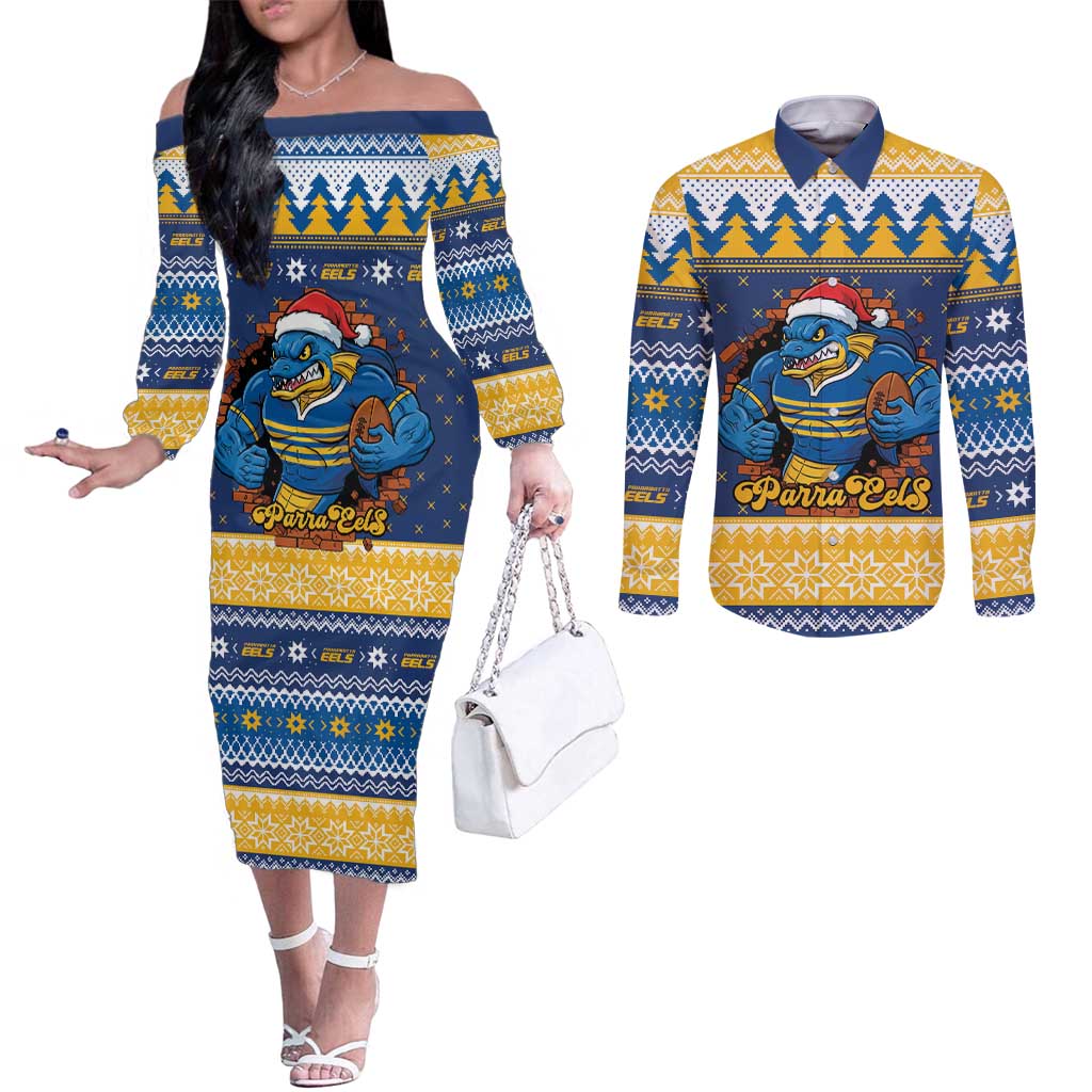 Parramatta Angry Eels Personalized Couples Matching Off The Shoulder Long Sleeve Dress and Long Sleeve Button Shirt Christmas Rugby League Spirit - Aussie Hoodie