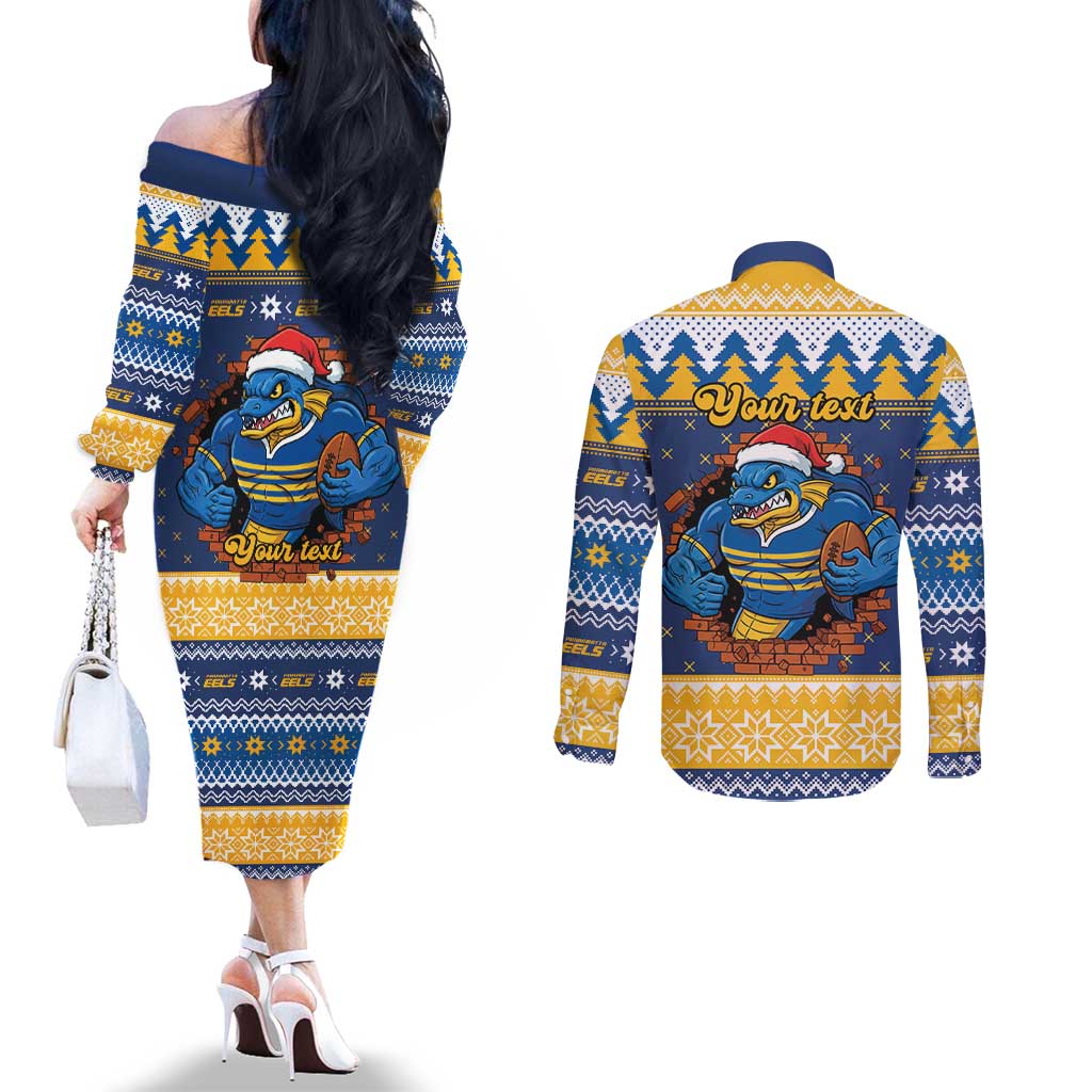 Parramatta Angry Eels Personalized Couples Matching Off The Shoulder Long Sleeve Dress and Long Sleeve Button Shirt Christmas Rugby League Spirit - Aussie Hoodie