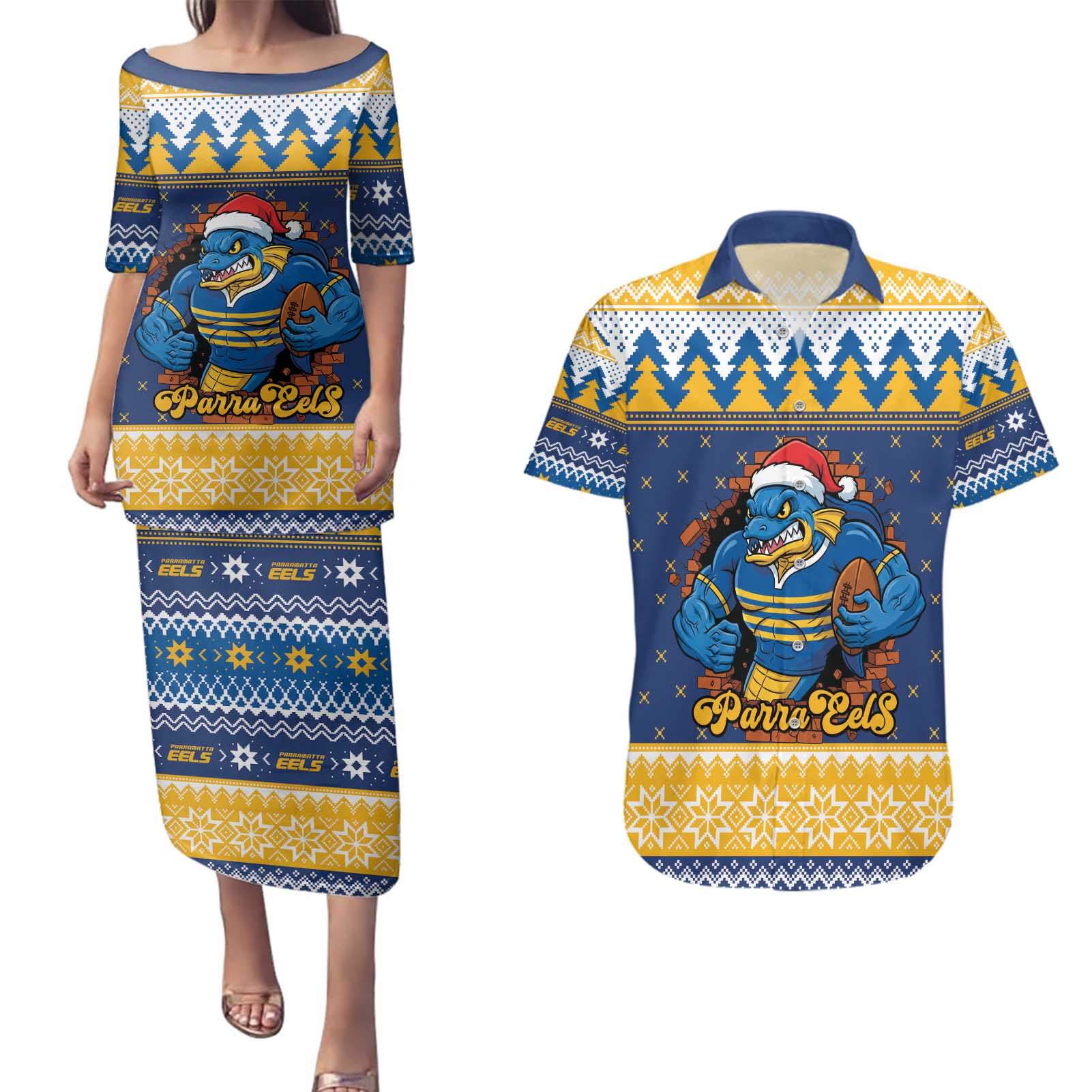 Parramatta Angry Eels Personalized Couples Matching Puletasi and Hawaiian Shirt Christmas Rugby League Spirit - Aussie Hoodie