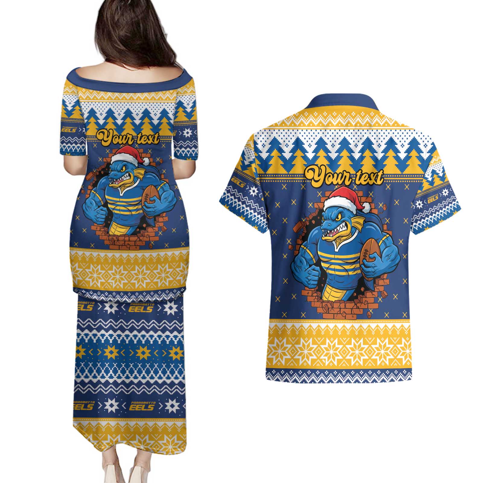 Parramatta Angry Eels Personalized Couples Matching Puletasi and Hawaiian Shirt Christmas Rugby League Spirit - Aussie Hoodie