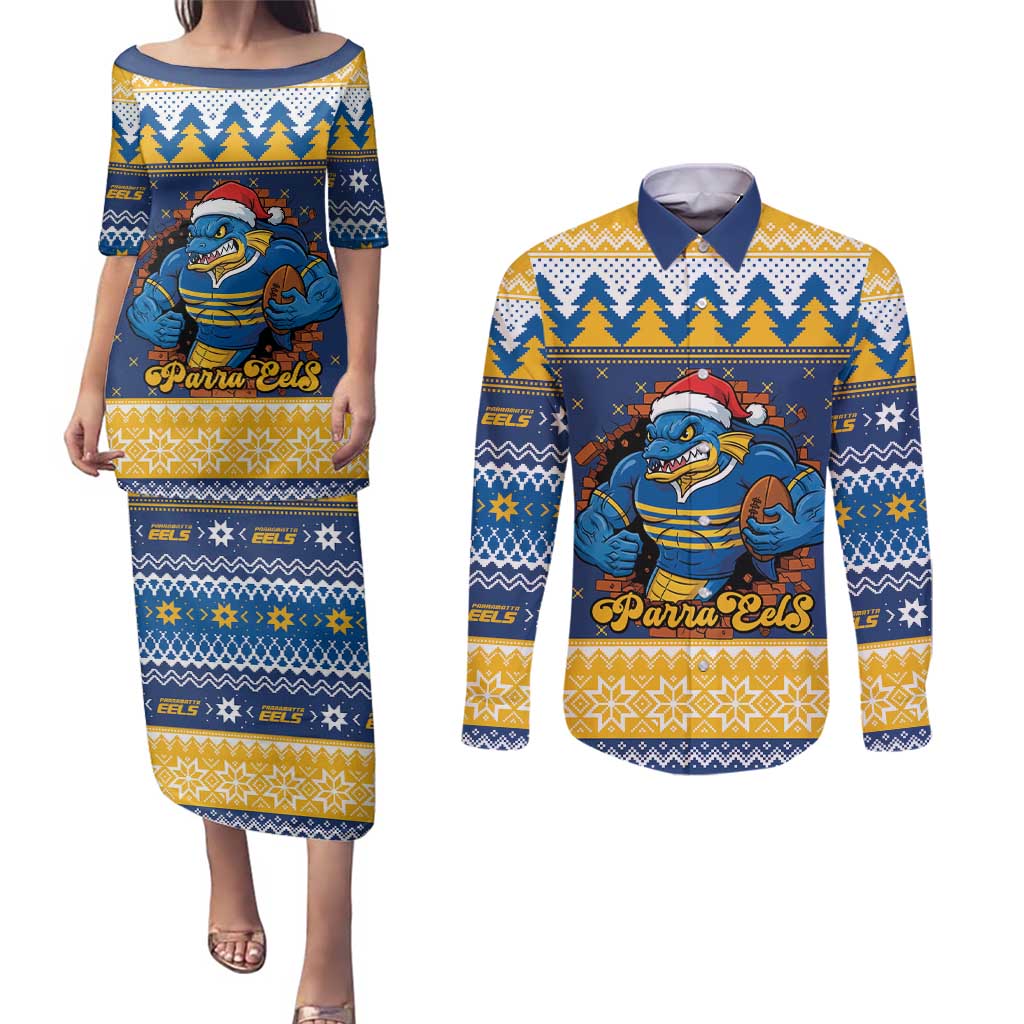 Parramatta Angry Eels Personalized Couples Matching Puletasi and Long Sleeve Button Shirt Christmas Rugby League Spirit - Aussie Hoodie