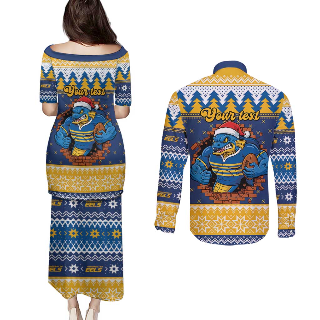 Parramatta Angry Eels Personalized Couples Matching Puletasi and Long Sleeve Button Shirt Christmas Rugby League Spirit - Aussie Hoodie